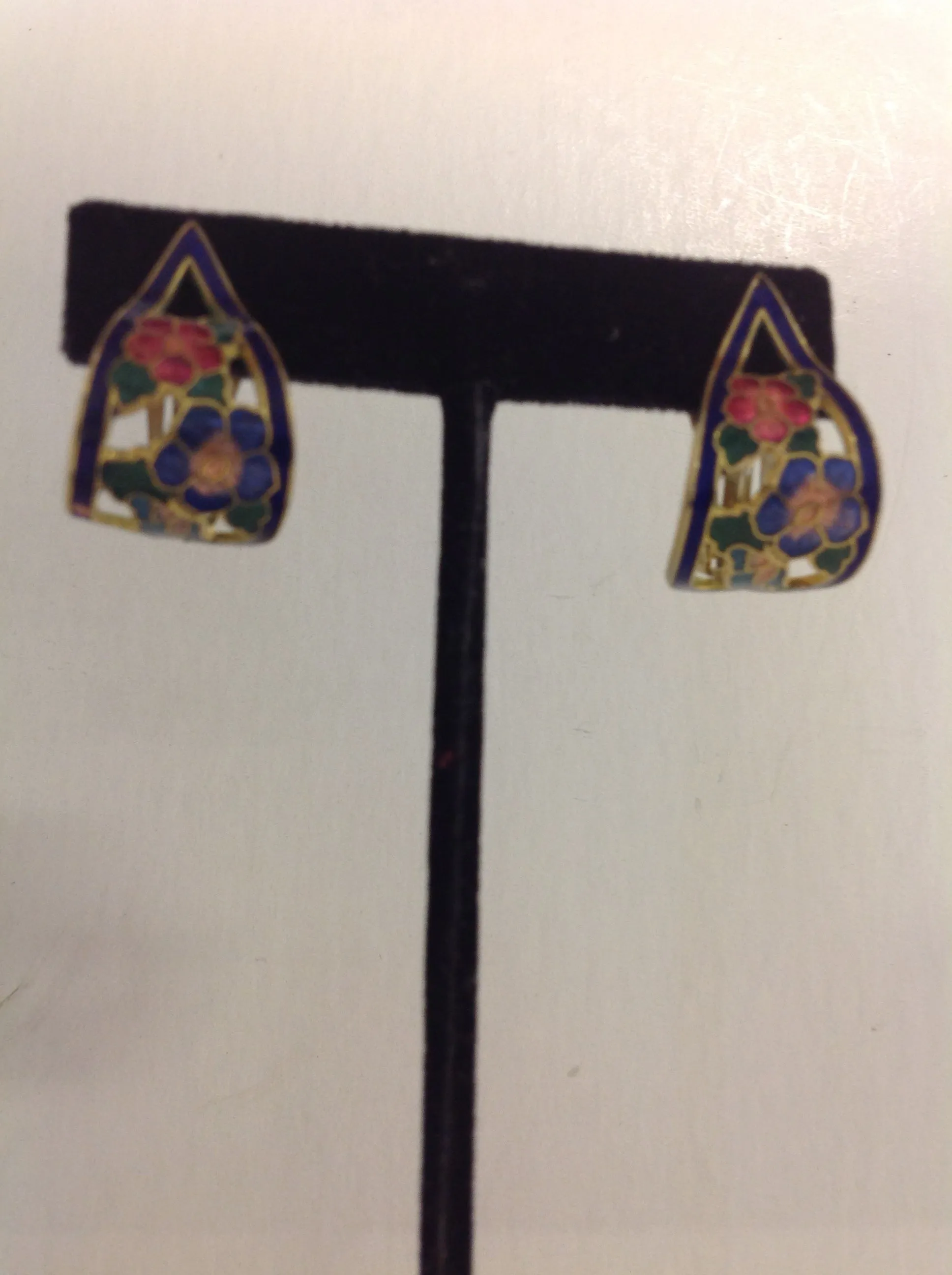 Vintage Goldtone Blue Floral Noveau Enamel Ribbon Clip On Earrings