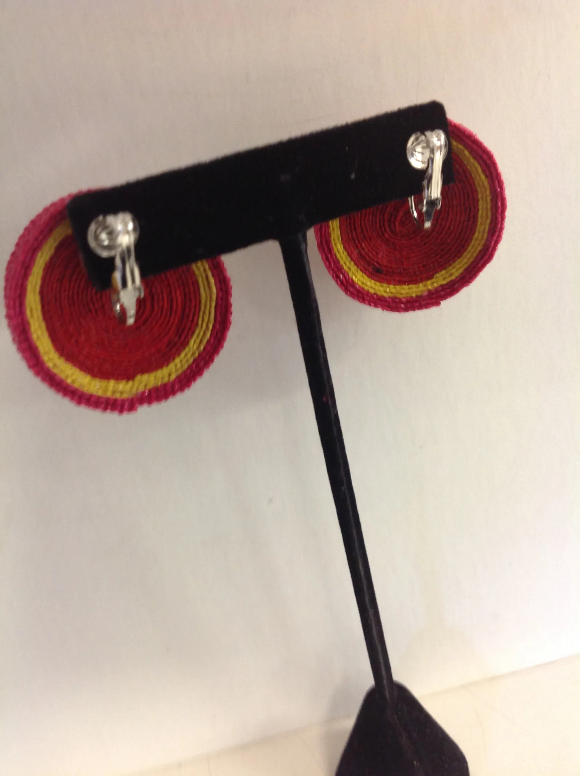 Vintage Pink Yellow Macrame Clip On Earrings
