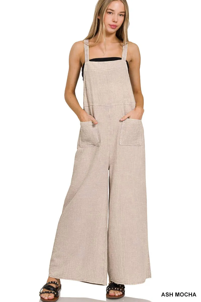 Washed Double Gauze Wide Leg Overalls
