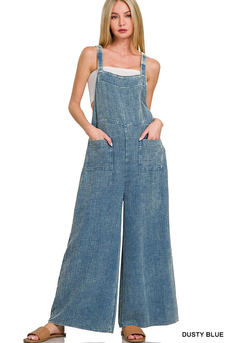 Washed Double Gauze Wide Leg Overalls